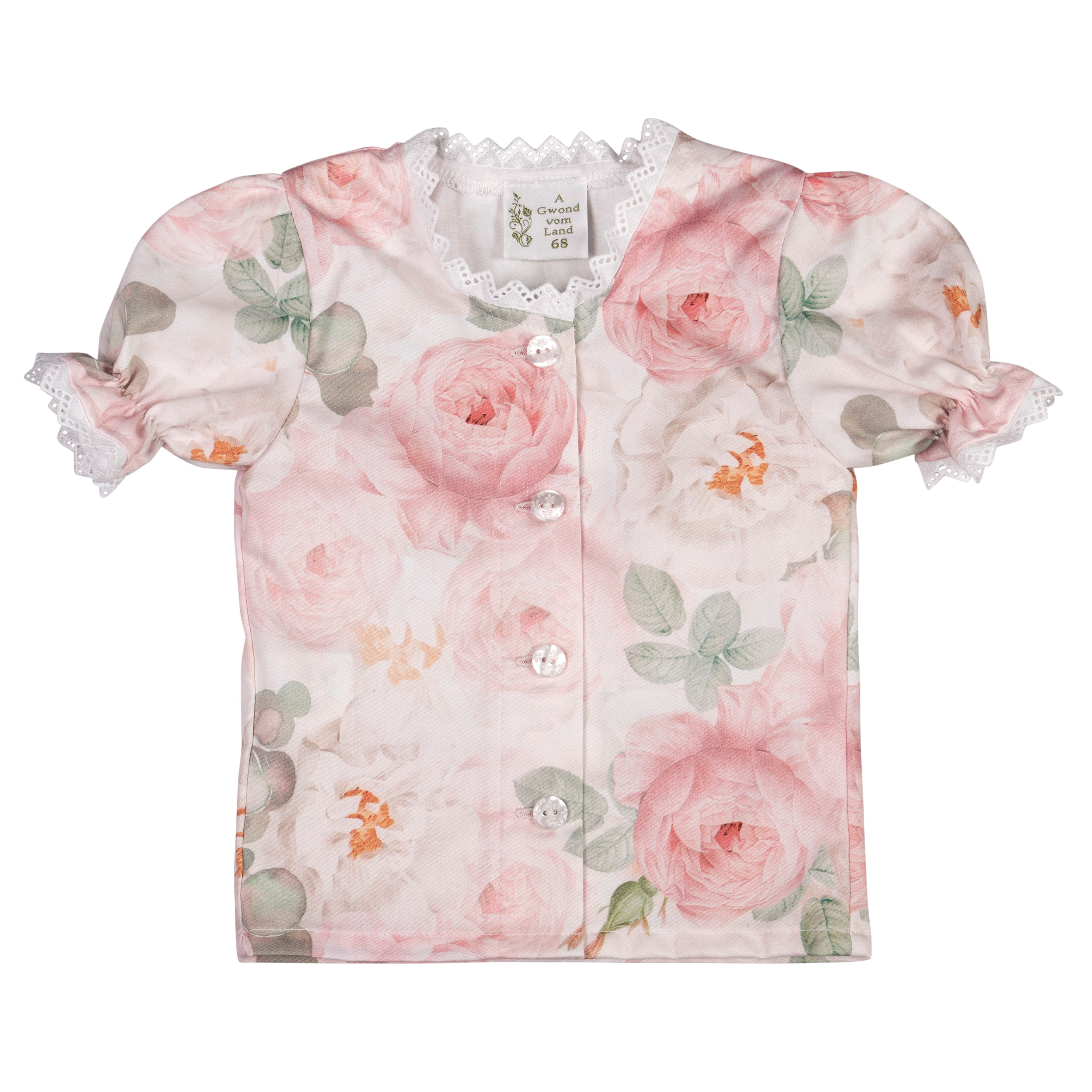 Trachtenbluse Dirndlbluse Blumen Puffärmel Weiß Rosa